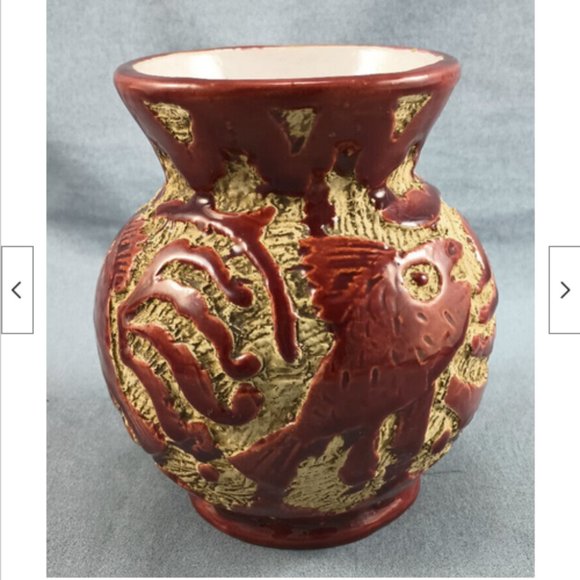 Vintage MCM Mid-century Red Italian Sgraffito Pottery Vase Fish 5" tall - Picture 5 of 10